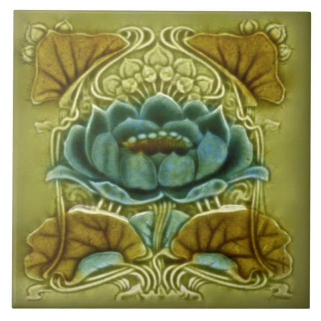 Art Nouveau Lotus Repro of Glazed Antique Tile (Front)