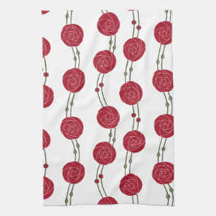 Art Nouveau Mackintosh Rose Stripes Red Tea Towel
