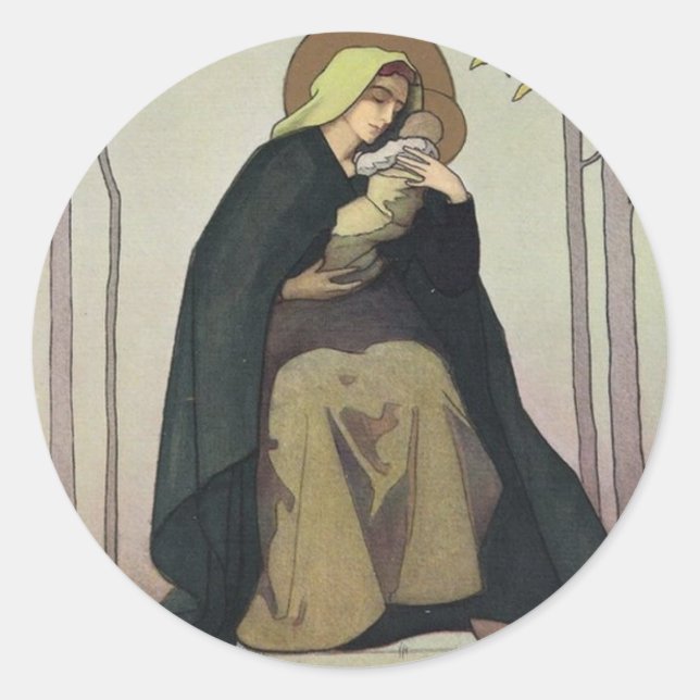 Art Nouveau Madonna and Child Christmas Card Classic Round Sticker (Front)