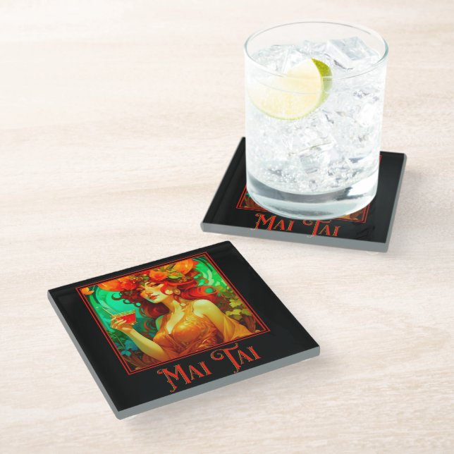 Art Nouveau Mai Tai Glass Coaster (Angled)