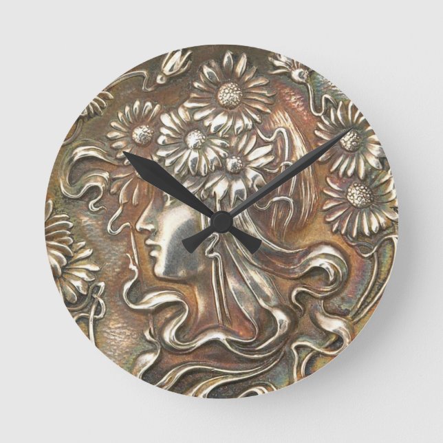 Art Nouveau Maiden Silver Repousse Acryllic Clock (Front)