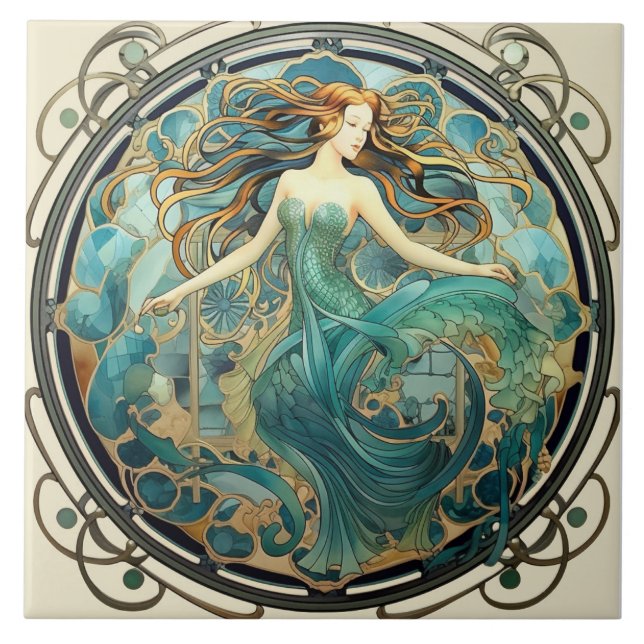 Art Nouveau Mermaid, Aquamarine and Amber Design Ceramic Tile (Front)