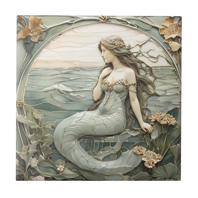 Art Nouveau Mermaid Faux Relief Mint Ocean Sea Ceramic Tile (Front)