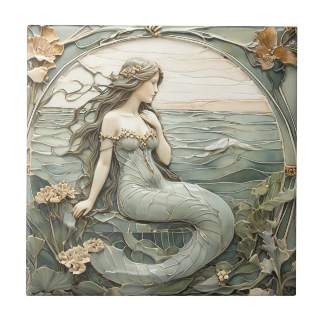 Art Nouveau Mermaid Faux Relief R Mint Ocean Sea Ceramic Tile (Front)