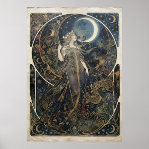 Art Nouveau Moon Goddess Celestial Art Poster