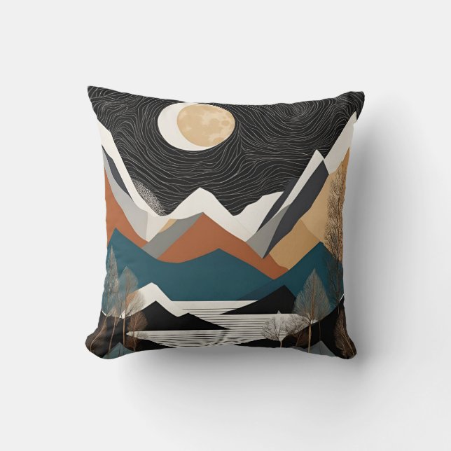Art Nouveau Moon Over Mountains  Black And Gold  Cushion (Front)