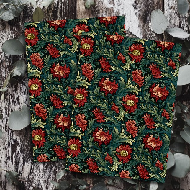 Art nouveau Morris deep red flowers pastel green Tissue Paper (Art nouveau Morris deep red flowers pastel green Tissue Paper)