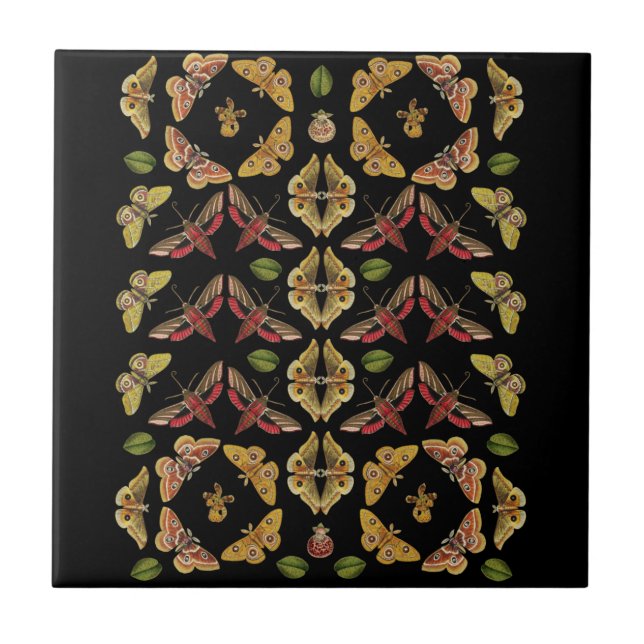 Art Nouveau Moth & Orchid art deco black Ceramic Tile (Front)