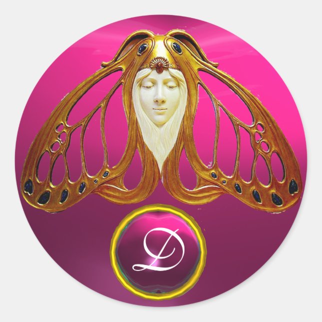 ART NOUVEAU MOTH WOMAN  PINK FUCHSIA GEM MONOGRAM CLASSIC ROUND STICKER (Front)