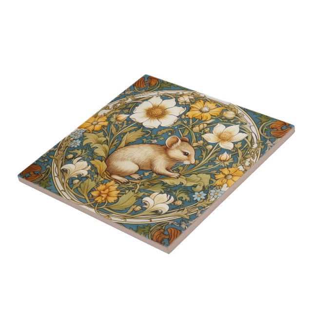 Art nouveau mouse and flowers ceramic tile (Side)