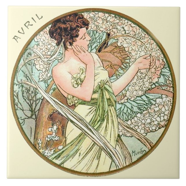 Art Nouveau Mucha Calendar April Ceramic Tile (Front)