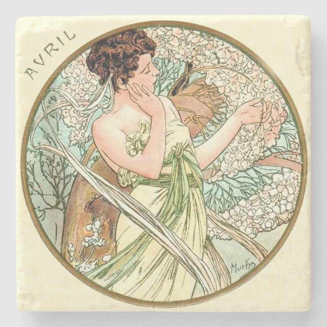Art Nouveau Mucha Calendar April Stone Coaster (Front)