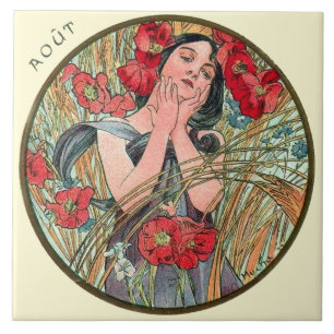 Art Nouveau Mucha Calendar August Tile