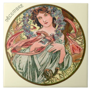 Art Nouveau Mucha Calendar December Ceramic Tile