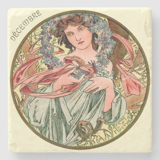 Art Nouveau Mucha Calendar December Stone Coaster (Front)
