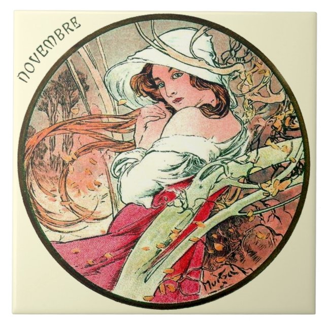 Art Nouveau Mucha Calendar November Ceramic Tile (Front)