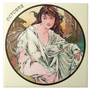 Art Nouveau Mucha Calendar October Ceramic Tile