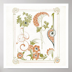 Art nouveau Mucha floral abstract art peach green Poster