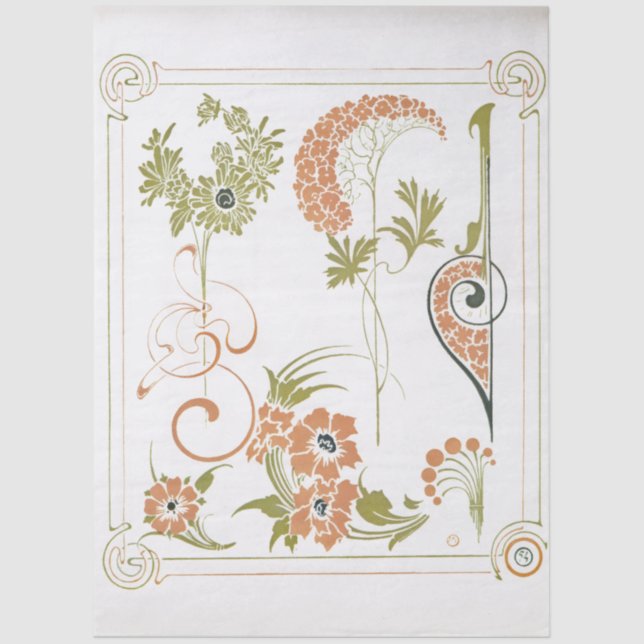Art nouveau Mucha floral abstract art peach green Tissue Paper (Front)