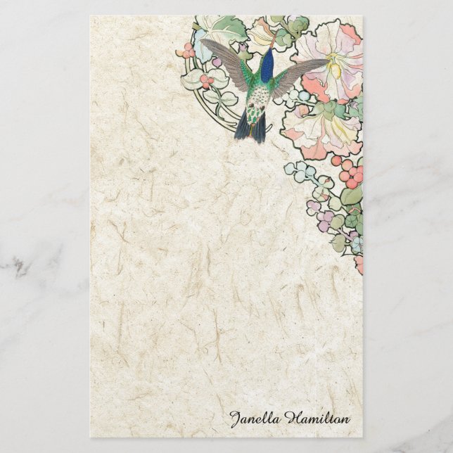 Art Nouveau Mucha Flowers Hummingbird Stationery (Front)