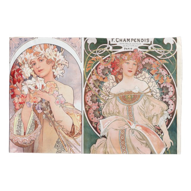 Art Nouveau Mucha Ladies Floral Pillowcase (Back)