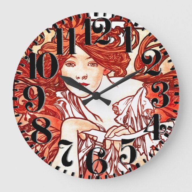 Art Nouveau Mucha Lady Bike Big Number Wall Clock (Front)