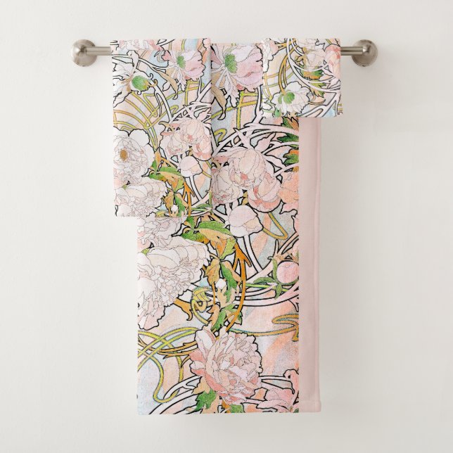 Art Nouveau Mucha Peony Flowers Bath Towel Set (Insitu)