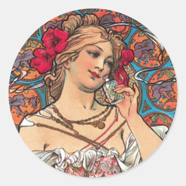 Art Nouveau - Mucha - Perfume Ad Classic Round Sticker (Front)