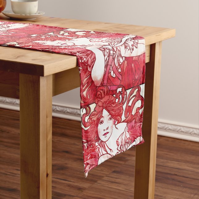 Art Nouveau Mucha Red Lady Bicycle Table Runner (In Situ)