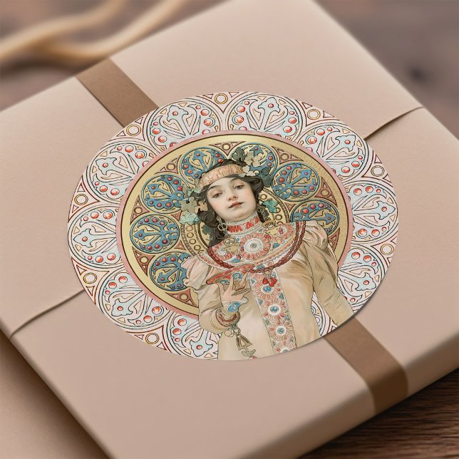 Art Nouveau Mucha Sarah Bernhardt Champagne Gold C Classic Round Sticker (Creator Uploaded)