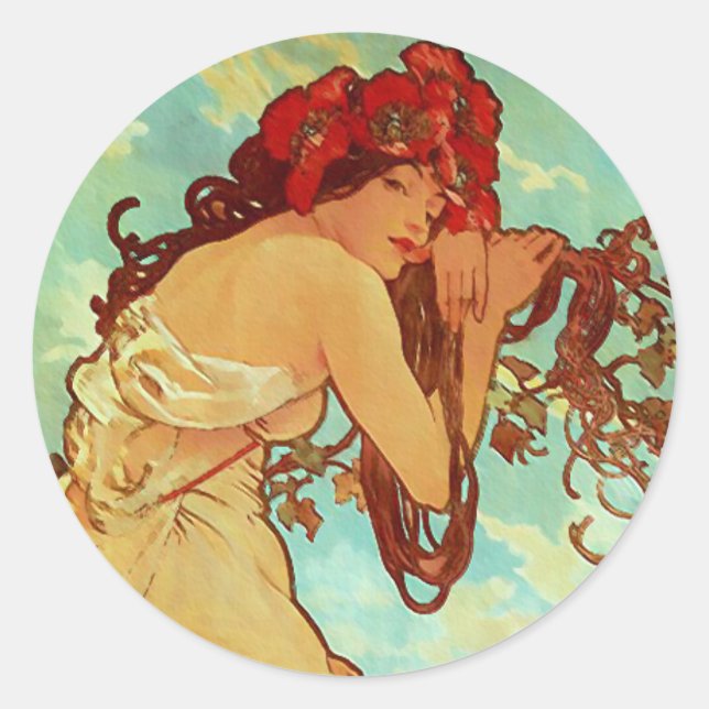 Art Nouveau - Mucha - Summer Classic Round Sticker (Front)