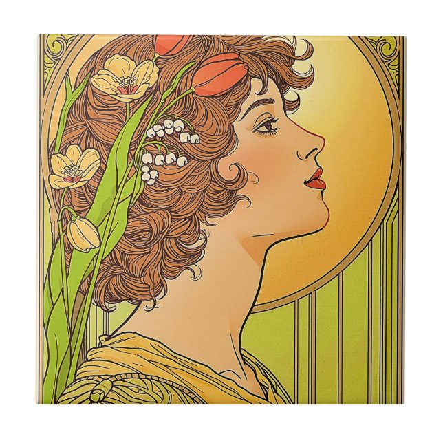  Art -nouveau  Muse  with spring  flowers Ceramic Tile (Front)