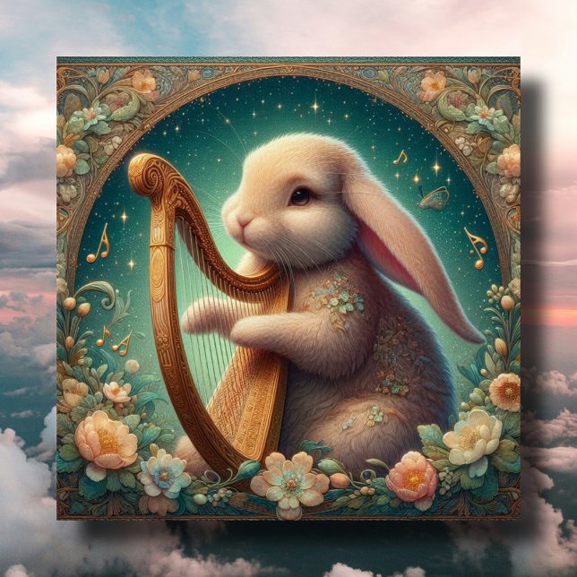 Art Nouveau Musician Bunny Harp Easter  Holiday Card (Creator Uploaded)