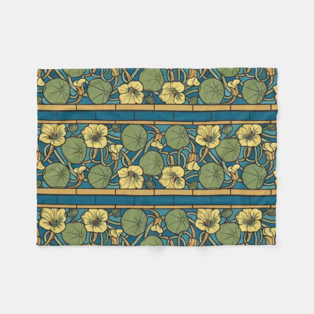 Art Nouveau Nasturtium Blue Gold floral Verneuil  Fleece Blanket (Front (Horizontal))
