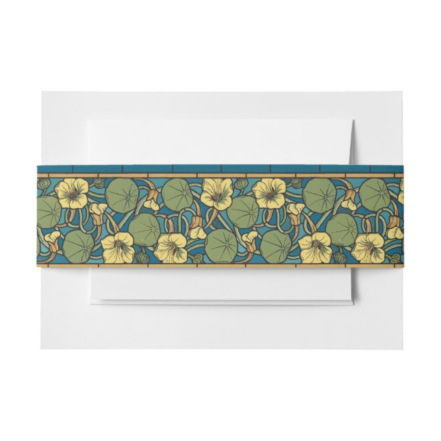 Art Nouveau Nasturtium Blue Gold floral Verneuil  Invitation Belly Band (Front Example)