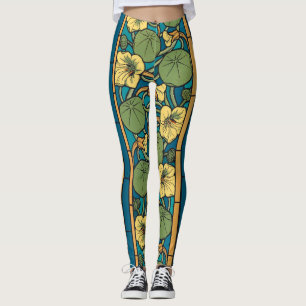 Art Nouveau Nasturtium Blue Gold floral Verneuil  Leggings
