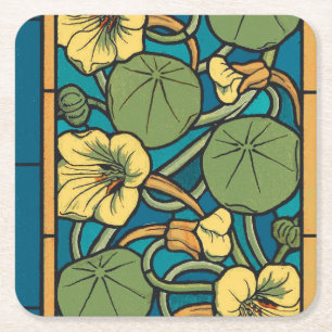 Art Nouveau Nasturtium Blue Gold floral Verneuil  Square Paper Coaster