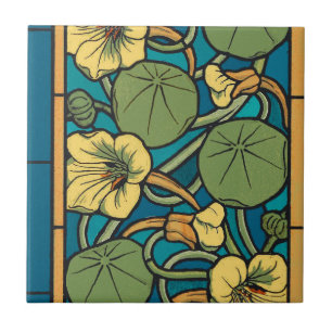 Art Nouveau Nasturtium Blue Gold floral Verneuil  Tile