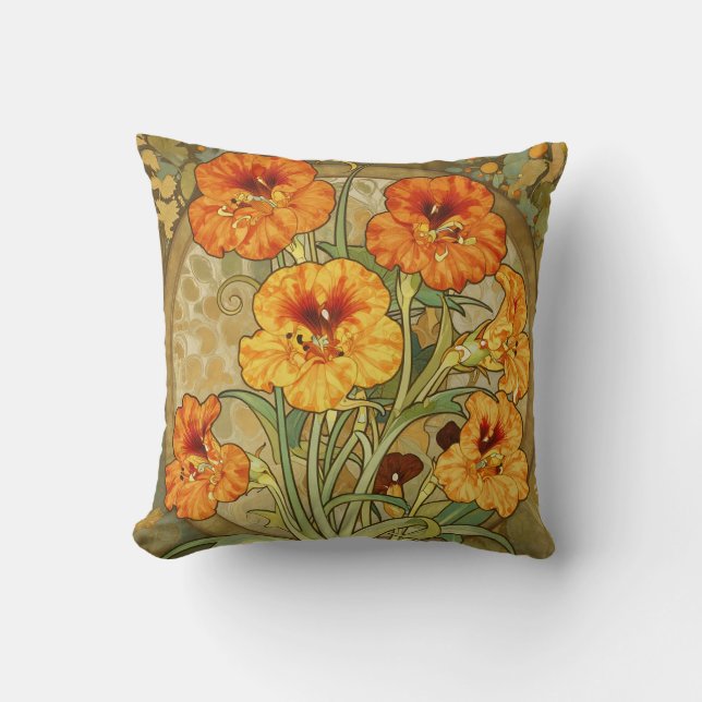 Art Nouveau Nasturtium Floral Pattern Cushion (Front)