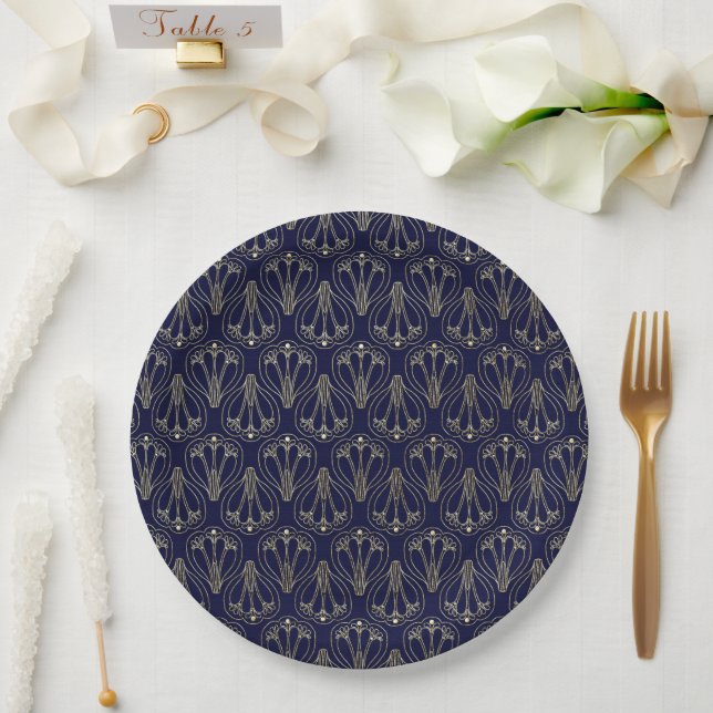 Art Nouveau Navy Blue and Gold Paper Plate (Wedding)