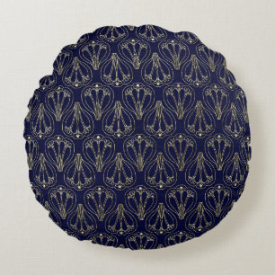 Art Nouveau Navy Blue and Gold Round Cushion