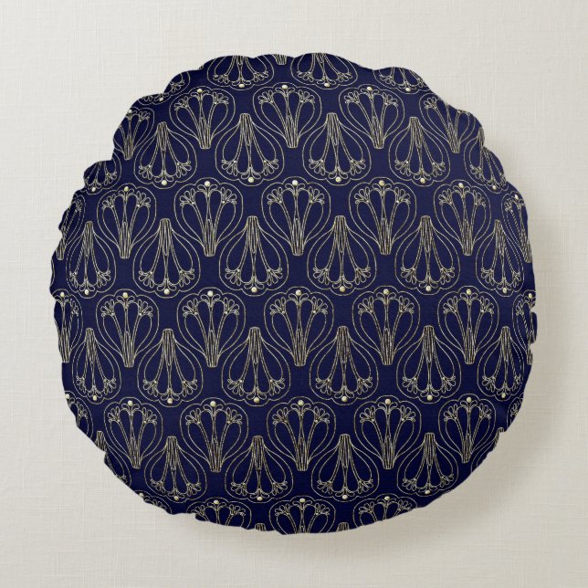 Art Nouveau Navy Blue and Gold Round Cushion (Front)