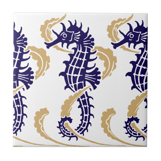 Art Nouveau Ocean Beach Nautical Seahorse Frieze Ceramic Tile (Front)