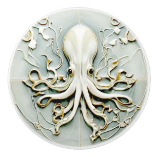 Art Nouveau Octopus Faux Relief Gold & Mint Pastel Ceramic Knob