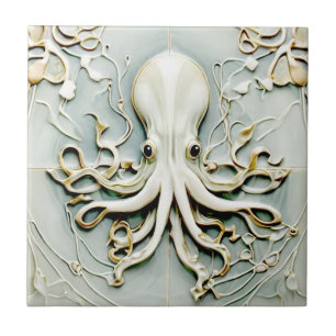 Art Nouveau Octopus Faux Relief Gold & Mint Pastel Ceramic Tile