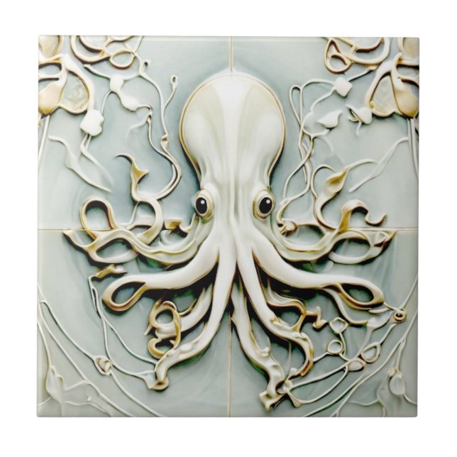 Art Nouveau Octopus Faux Relief Gold & Mint Pastel Ceramic Tile (Front)