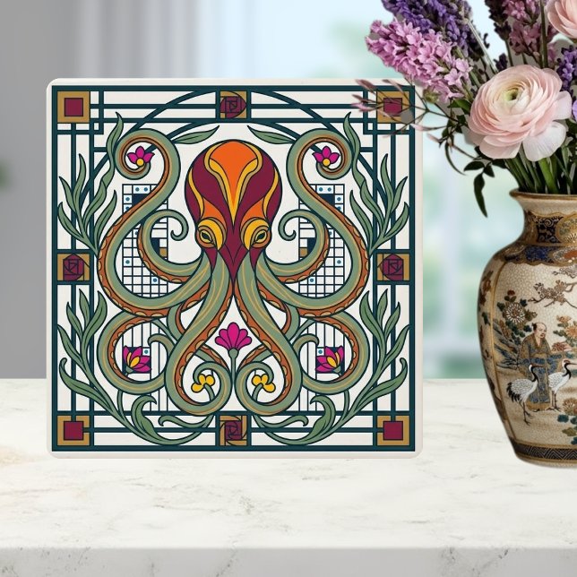 Art Nouveau Octopus Orange Burgundy Green Floral D Ceramic Tile (Creator Uploaded)