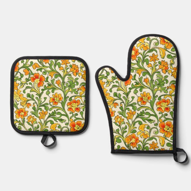  Art Nouveau orange and yellow floral pattern  Oven Mitt & Pot Holder Set (Front)