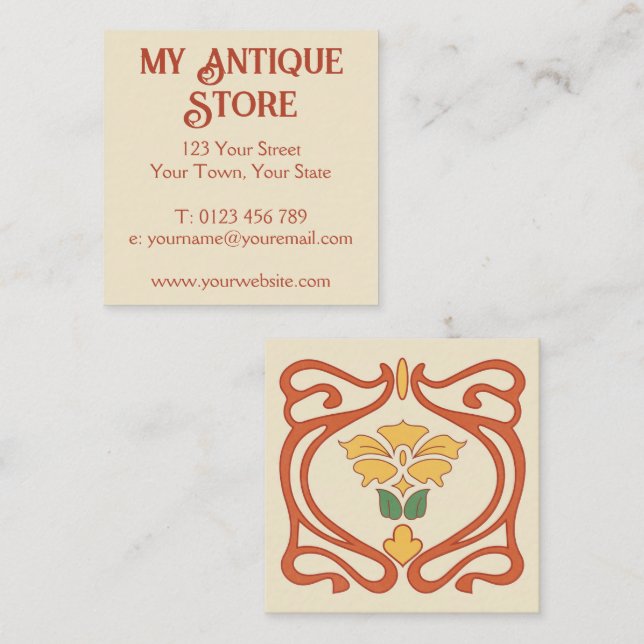 Art Nouveau Orange Cream Square Business Card (Front/Back)