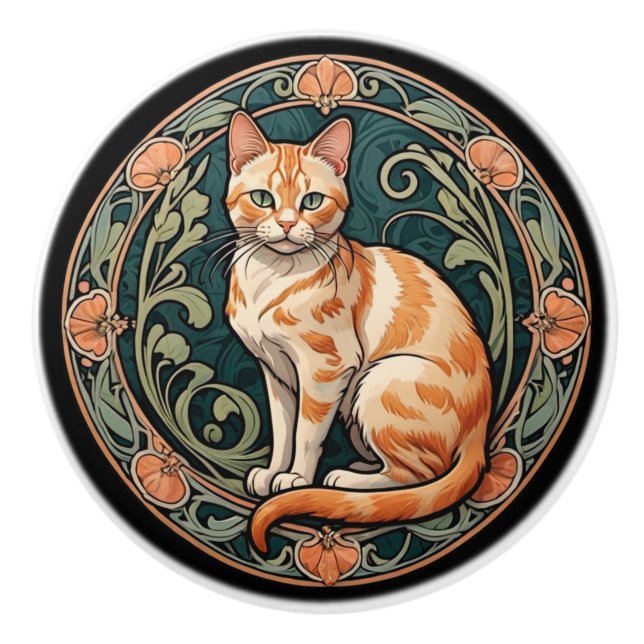 Art Nouveau Orange Tiger Cat Ceramic Knob (Front)
